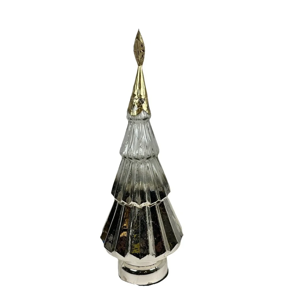 Silver Mercury Glass Tiered Christmas Tree Decor w/ Gold Star Topper 17